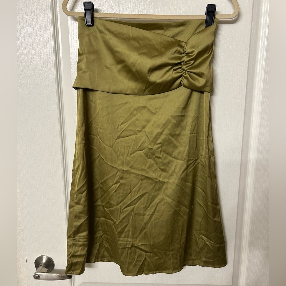 Olive Green Satin Ruched Midi Skirt - Picture 2 of 5
